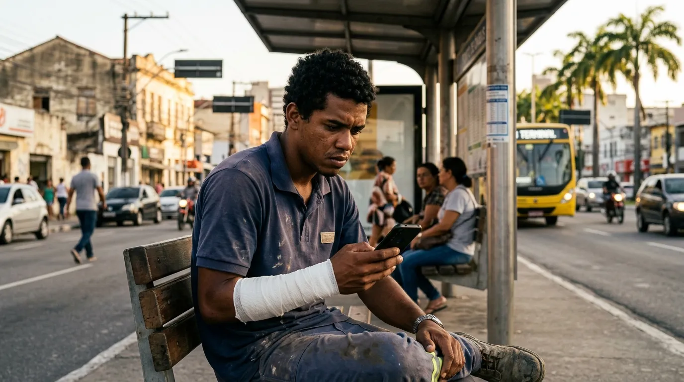 Trabalhador jovem com o braço enfaixado sentado em um banco de ponto de ônibus, olhando para o celular com expressão preocupada, luz quente de fim de tarde, cenário urbano desfocado ao fundo