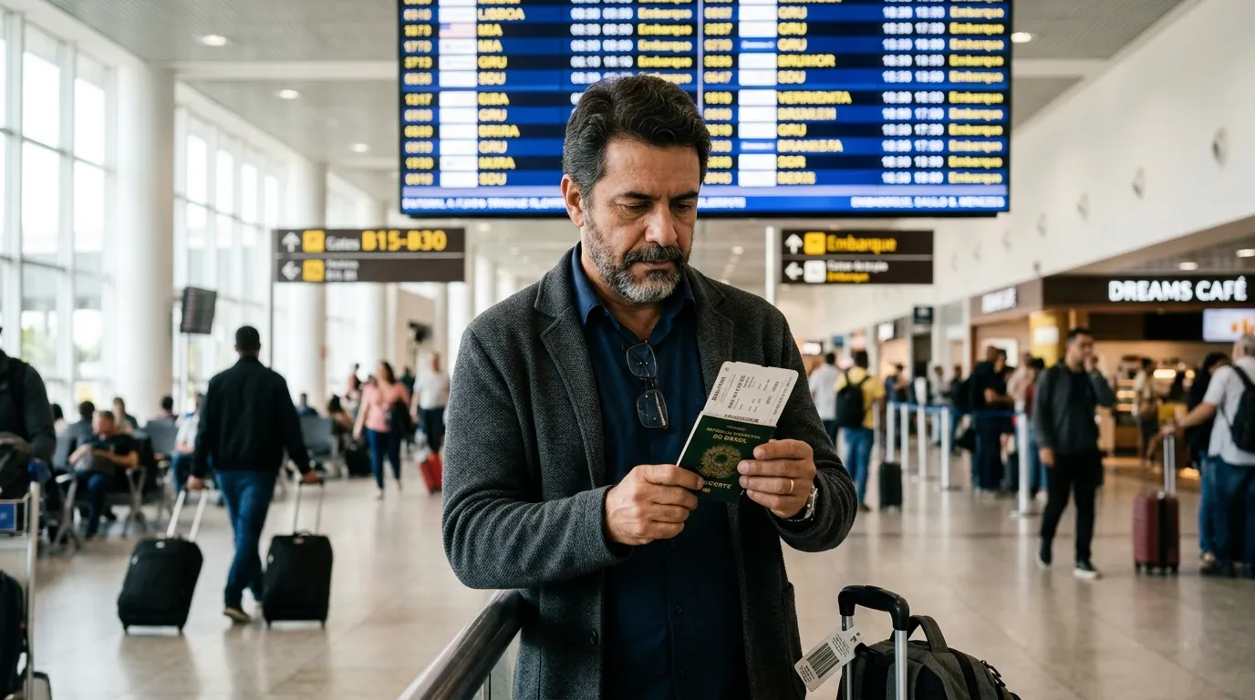 Homem de meia-idade em um saguão de aeroporto internacional segurando passaporte e documentos, painel de voos desfocado ao fundo, luz natural suave do saguão, expressão pensativa e concentrada