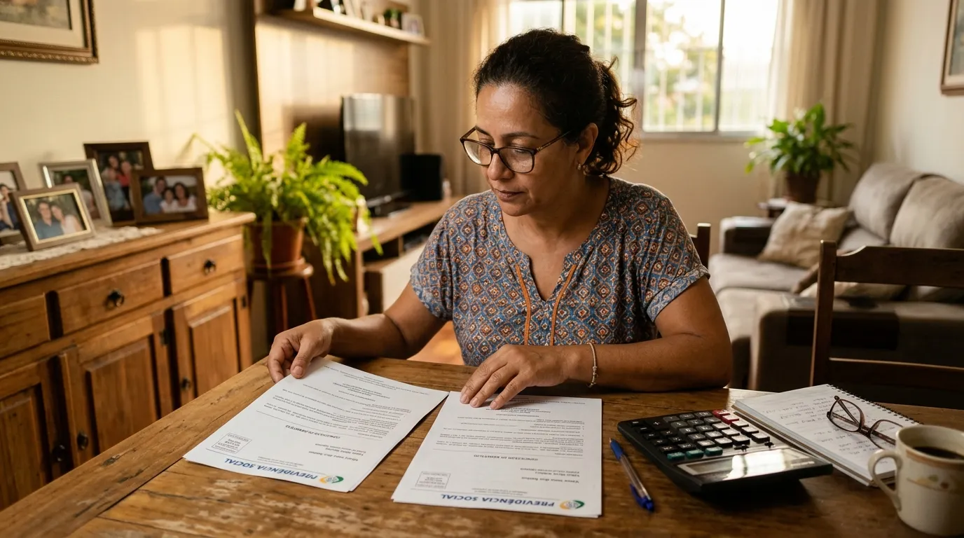 Mulher de meia-idade em casa organizando duas cartas de concessão de benefício do INSS sobre a mesa da sala, calculadora ao lado, luz natural quente do fim de tarde, expressão atenta e concentrada