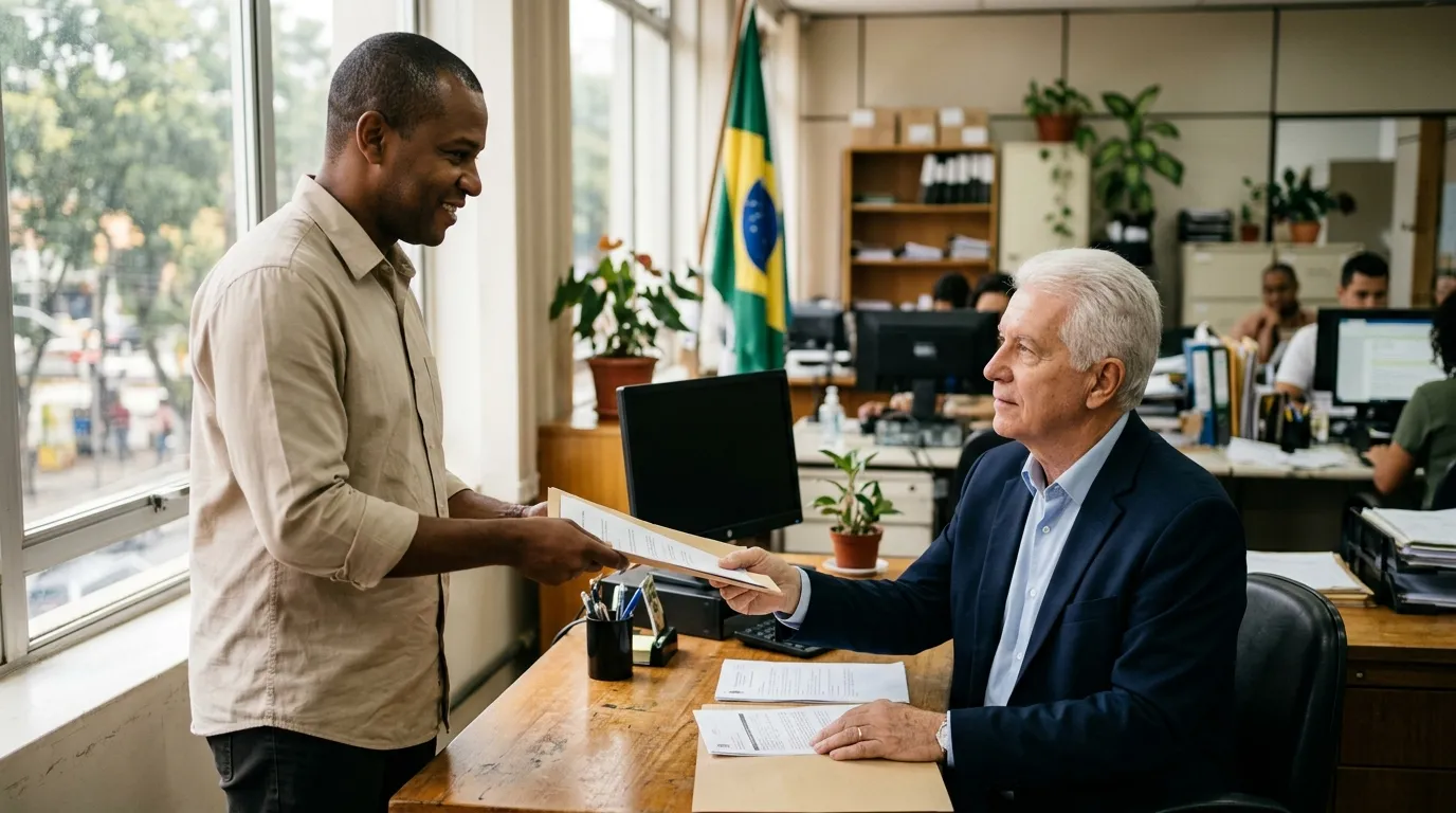Servidor público de cabelos brancos em traje formal recebendo um documento de um colega em um escritório público, luz natural suave vinda de uma janela grande, ambiente organizado ao fundo desfocado, expressão tranquila