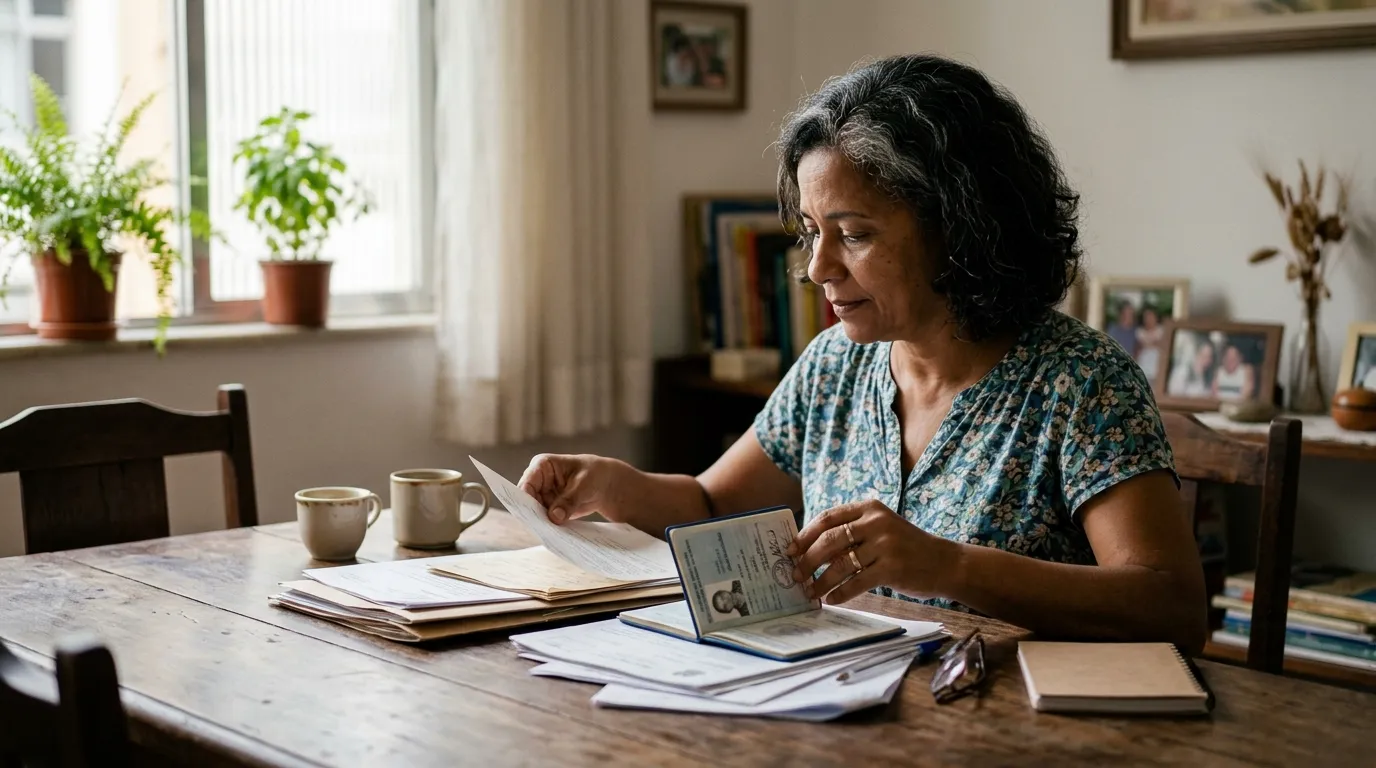 Mulher brasileira de meia-idade, cabelos com fios grisalhos, sentada à mesa de casa organizando documentos e carteira de trabalho, luz natural suave de manhã pela janela, expressão tranquila e concentrada