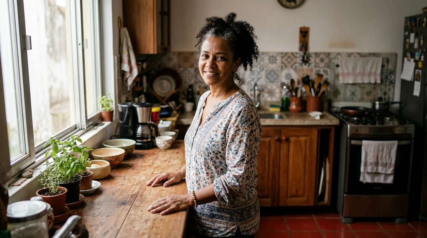 Mulher de meia-idade em pé na cozinha de casa, sorriso tranquilo, luz natural suave entrando pela janela, ao fundo utensílios domésticos levemente desfocados, clima acolhedor e sereno