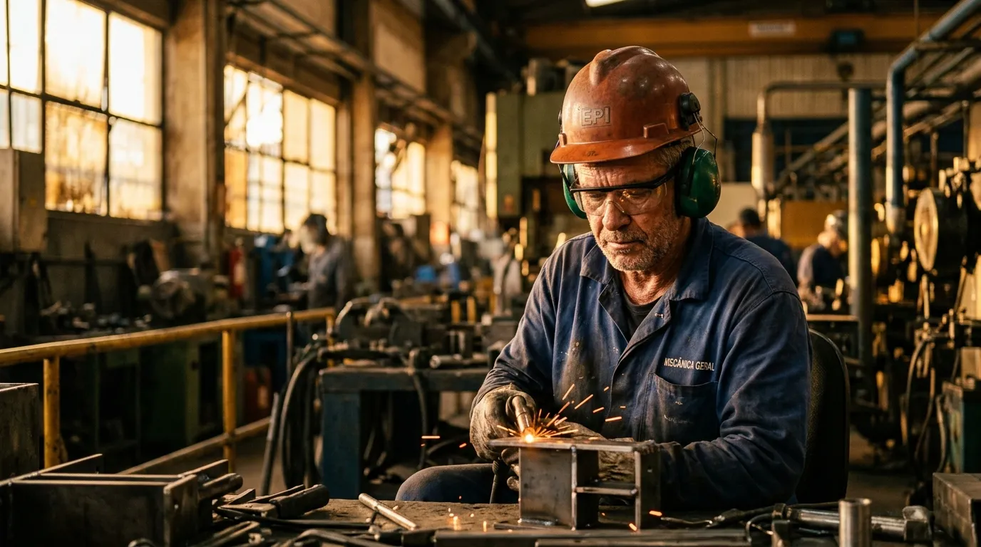 Trabalhador industrial de meia-idade com capacete, protetor auricular e óculos de segurança em um galpão fabril, luz quente de fim de tarde entrando pelas janelas, máquinas e tubulações desfocadas ao fundo, expressão concentrada