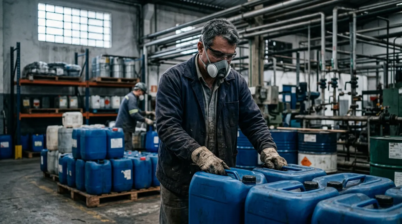 Trabalhador industrial de meia-idade com luvas e máscara respiratória manuseando bombonas de produtos químicos em galpão, luz fria filtrada pelas janelas altas, tubulações ao fundo levemente desfocadas, expressão atenta e séria