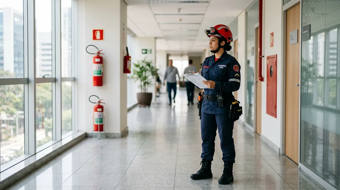 Bombeiro civil de uniforme e capacete em pé no corredor de um prédio comercial durante inspeção de segurança, luz natural firme, expressão atenta e profissional, fundo levemente desfocado