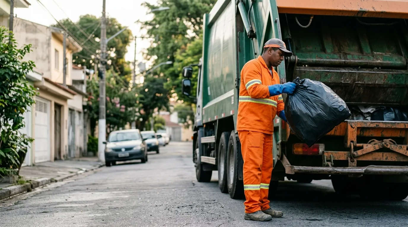 Coletor de lixo uniformizado com luvas ao lado do caminhão de coleta em rua residencial no início da manhã, luz natural suave, expressão de trabalho concentrado, fundo urbano levemente desfocado