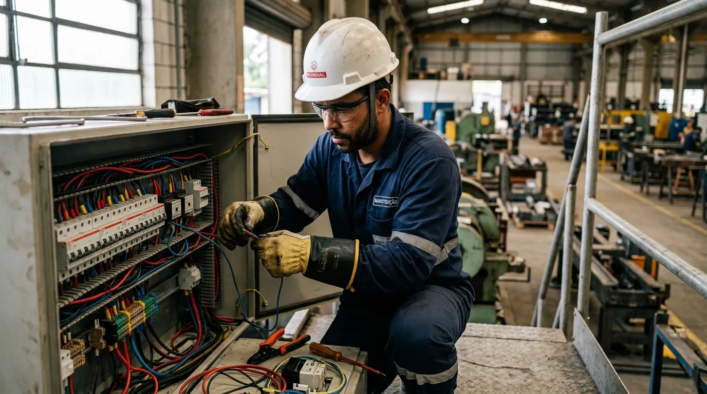 Eletricista com capacete e luvas de proteção trabalhando em um painel elétrico industrial, luz natural entrando por uma janela lateral, expressão concentrada, fios e equipamentos em primeiro plano e a estrutura da fábrica desfocada ao fundo