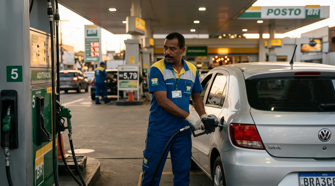 Frentista uniformizado abastecendo um carro na pista de um posto de combustível ao entardecer, luz quente de fim de tarde, bombas de combustível ao fundo desfocadas, expressão atenta e profissional