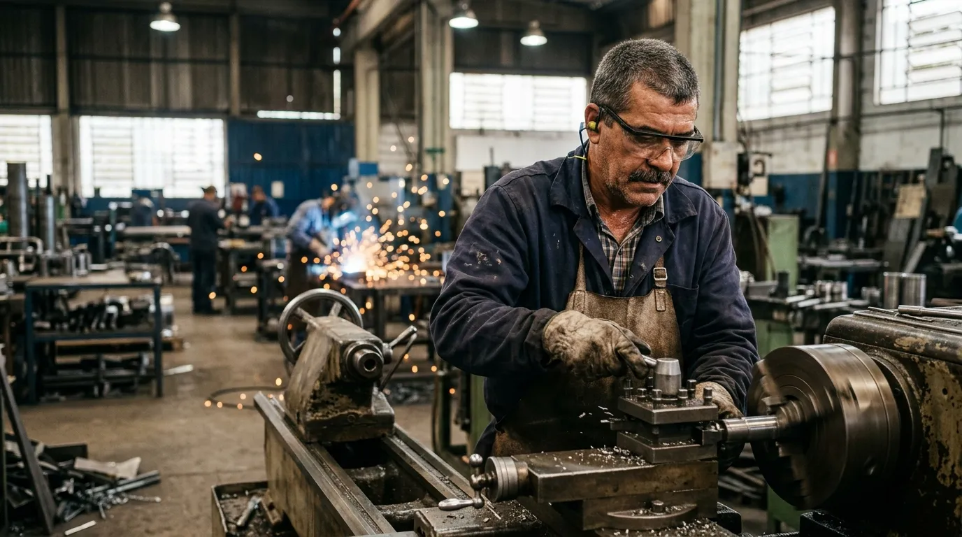 Trabalhador metalúrgico de meia-idade com uniforme e óculos de proteção operando máquina no chão de fábrica, faíscas ao fundo levemente desfocadas, luz industrial e clima concentrado