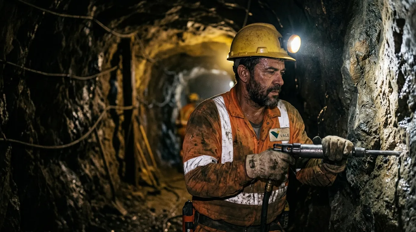 Trabalhador de mineração brasileiro com capacete, lanterna e roupa de proteção no interior de uma galeria de subsolo, iluminação pontual de farol, poeira suave no ar, expressão concentrada e túnel de rocha desfocado ao fundo