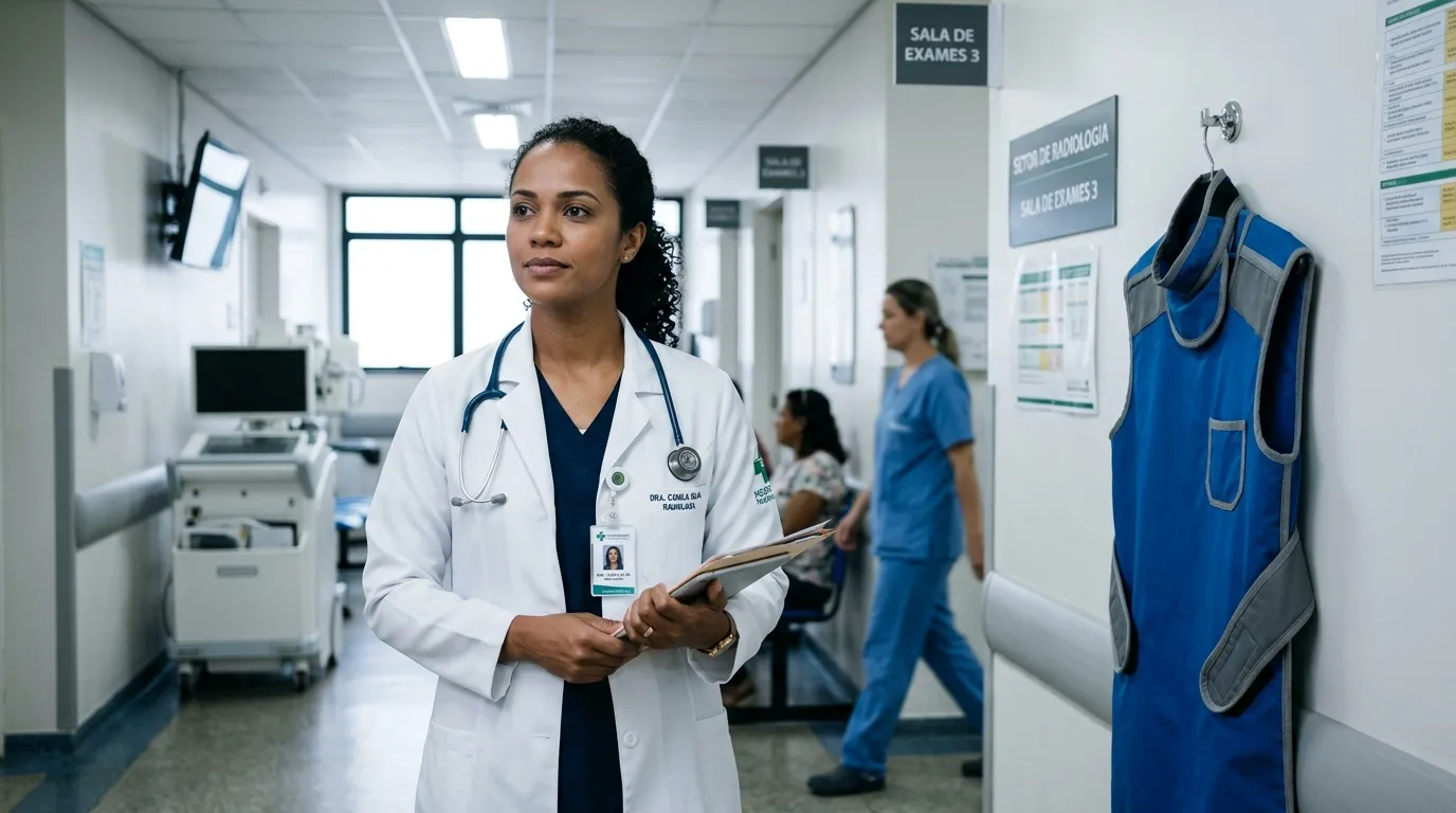 Profissional de saúde de jaleco e crachá em um corredor de setor de radiologia hospitalar, avental de proteção pendurado ao lado, luz fria e limpa do ambiente clínico, expressão concentrada e serena