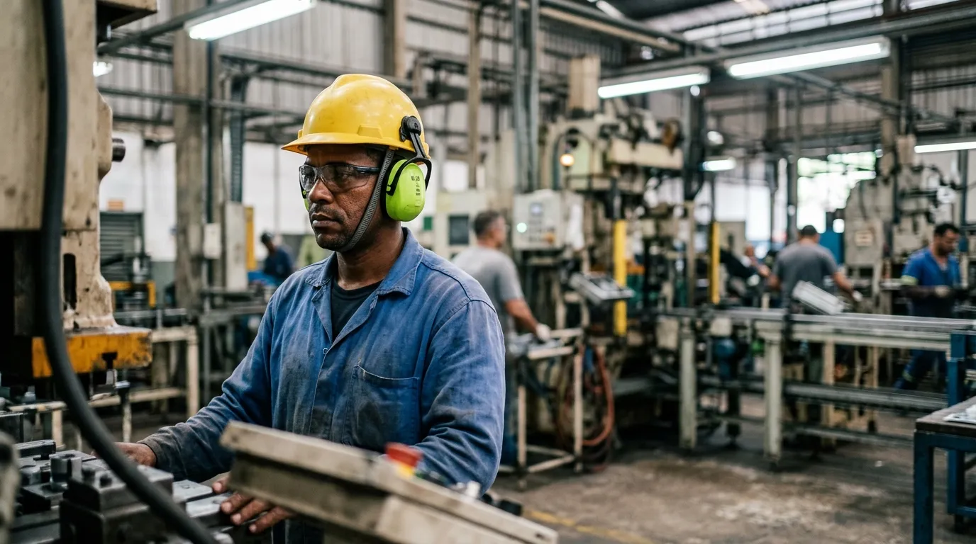 Operário brasileiro usando protetor auricular e capacete dentro de uma fábrica industrial com máquinas ao fundo levemente desfocadas, luz fria e realista, expressão séria e atenta, foco no equipamento de proteção