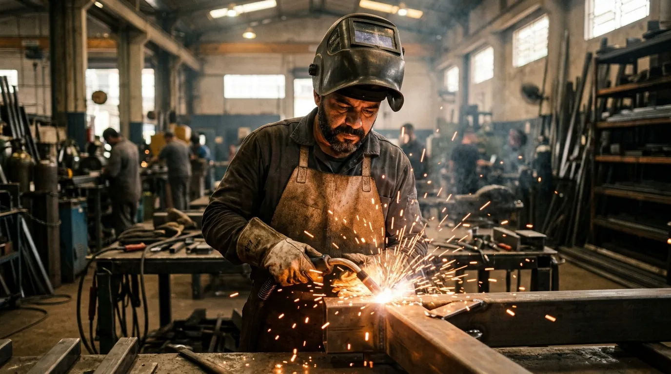 Soldador brasileiro usando máscara de proteção facial e avental de couro, faíscas alaranjadas saltando do maçarico em primeiro plano, oficina industrial com luz quente e fumaça leve ao fundo desfocado, expressão concentrada