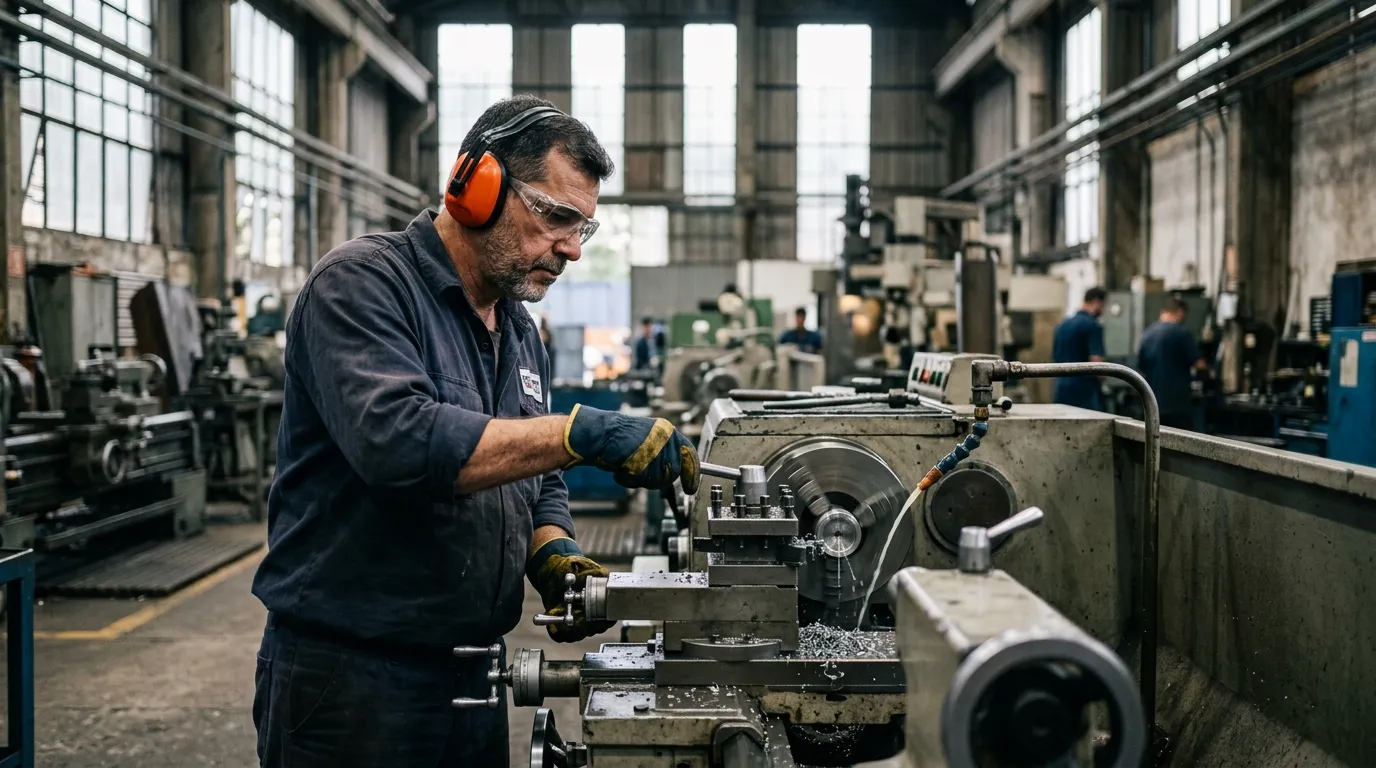 Trabalhador industrial de meia-idade vestindo protetor auricular, óculos de proteção e luvas em galpão de fábrica, máquinas ao fundo levemente desfocadas, luz fria filtrada por janelas altas, expressão concentrada