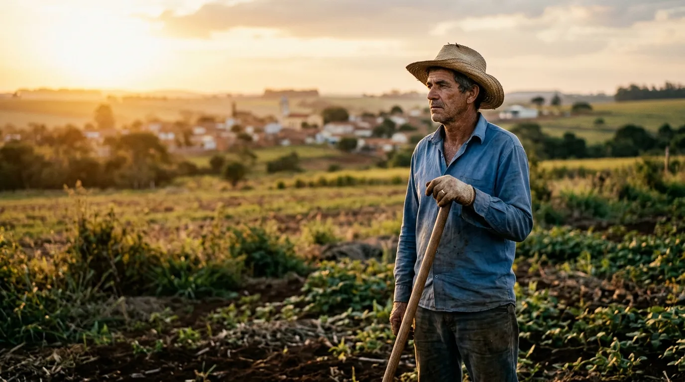 Trabalhador rural de meia-idade em roupa de trabalho no campo ao entardecer, ao fundo uma cidade pequena desfocada no horizonte, luz quente e dourada do fim de tarde, expressão pensativa olhando para longe