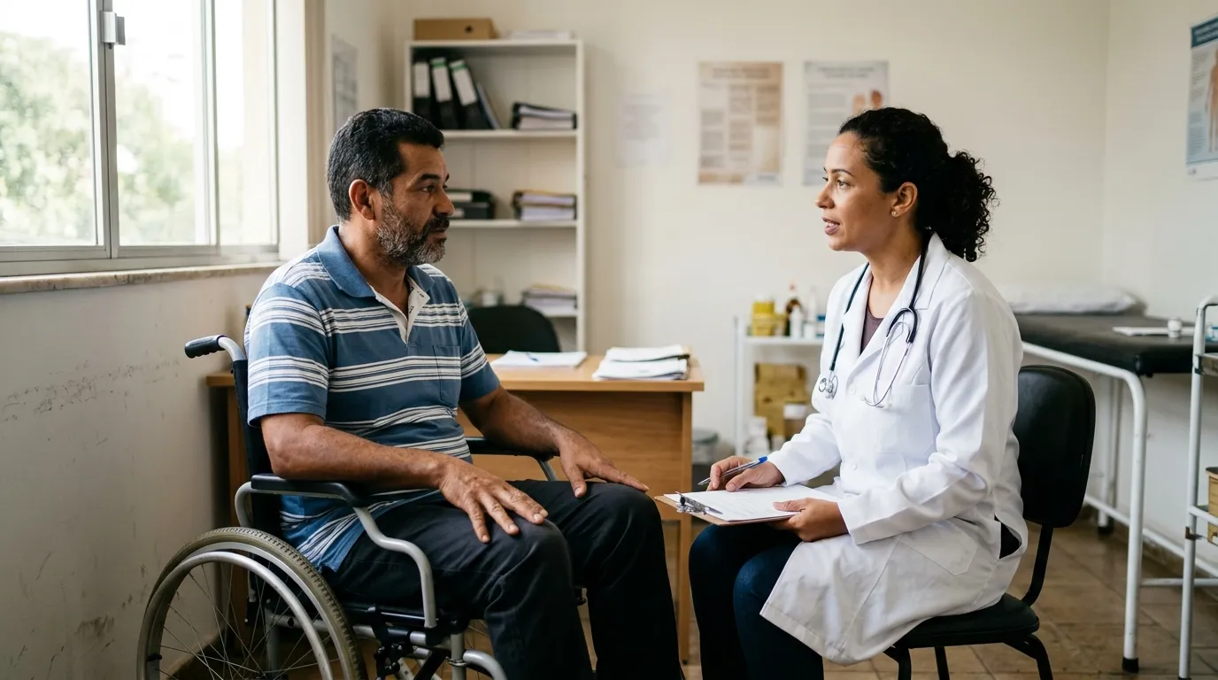 Homem de meia-idade em cadeira de rodas sendo atendido por uma médica perita em um consultório simples, luz natural suave pela janela, expressão atenta, ambiente clínico organizado ao fundo desfocado