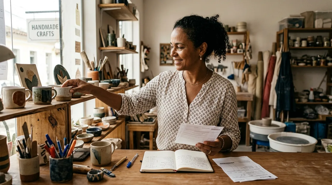 Microempreendedora individual de meia-idade organizando produtos em seu pequeno ateliê, conferindo boletos e um caderno de contas sobre o balcão, luz natural suave entrando pela vitrine, expressão confiante e serena