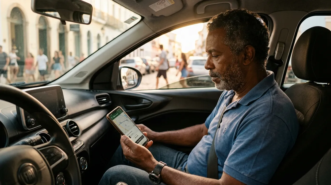 Motorista de aplicativo homem de meia-idade sentado ao volante do carro estacionado, conferindo o celular com o aplicativo de corridas aberto, luz quente de fim de tarde entrando pelo vidro, expressão pensativa e tranquila