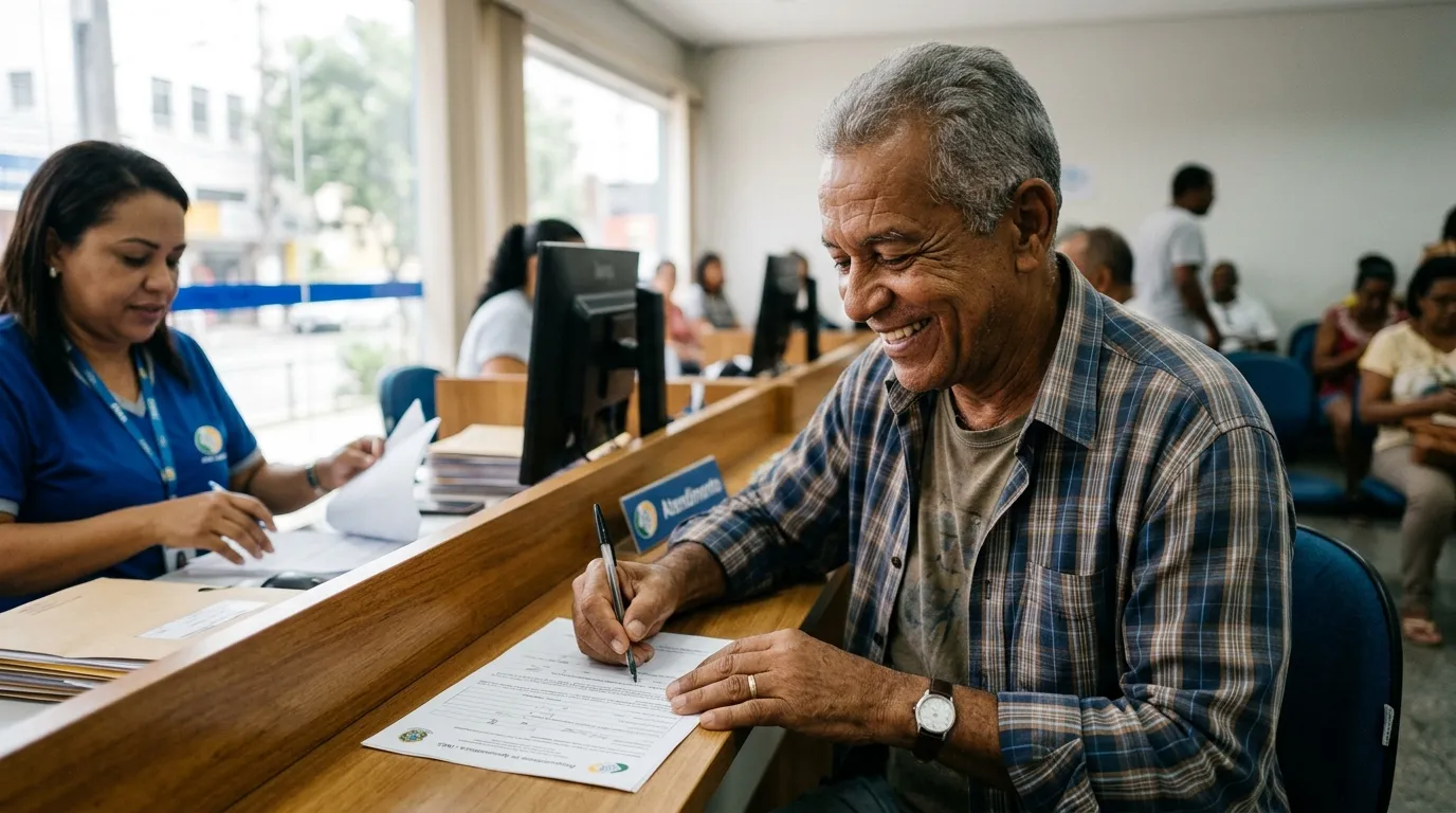 Homem de aproximadamente 60 anos sorrindo enquanto assina documentos em um balcão de atendimento do INSS, luz natural suave vinda de uma janela ao fundo, atendente desfocada ao fundo, expressão tranquila e satisfeita