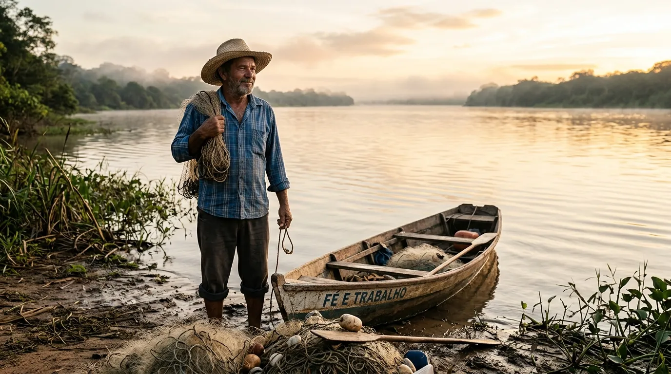 Pescador artesanal de meia-idade com chapéu de palha ao lado de um pequeno barco de madeira e redes na beira do rio ao amanhecer, luz dourada suave, expressão tranquila, água calma ao fundo desfocado
