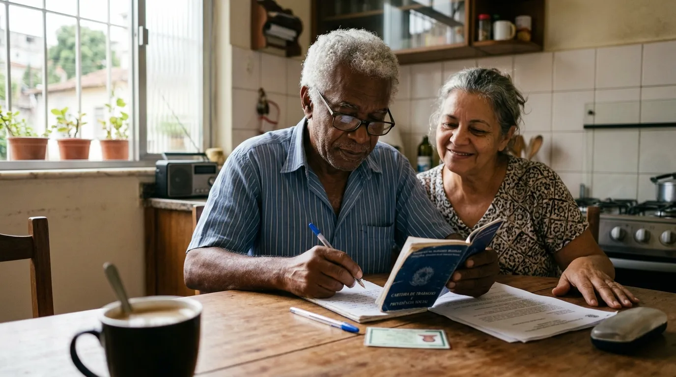 Senhor idoso de cabelos brancos sentado à mesa da cozinha revisando documentos e carteira de trabalho ao lado da esposa, luz natural suave da manhã entrando pela janela, xícara de café em primeiro plano desfocada, expressão tranquila e atenta
