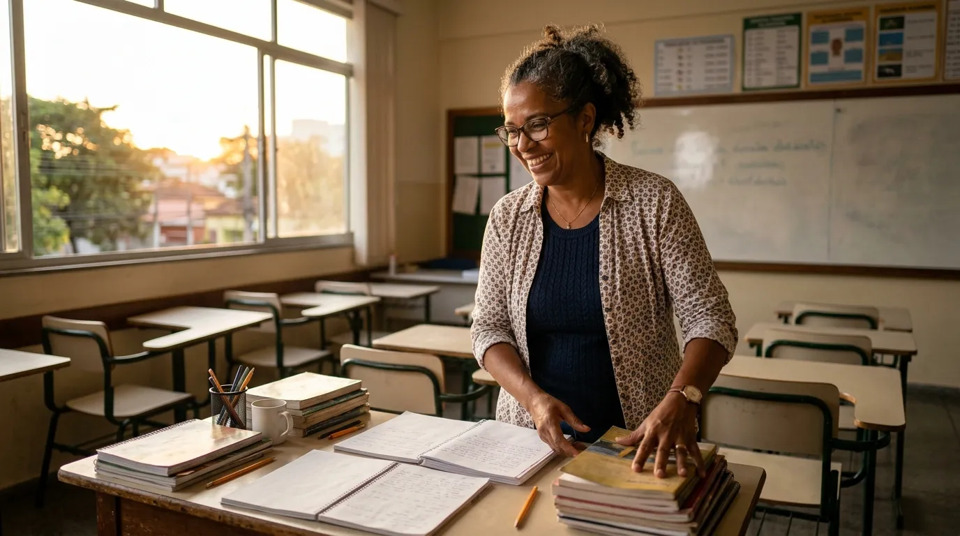 Professora de meia-idade sorridente em sala de aula vazia, arrumando livros e cadernos sobre a mesa ao final do expediente, luz quente do fim de tarde entrando pela janela, quadro branco desfocado ao fundo