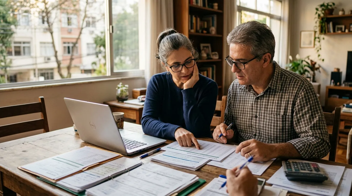 Casal de meia-idade sentado à mesa de casa consultando um notebook e planilhas de contribuição, luz natural suave de fim de tarde entrando pela janela, papéis organizados em primeiro plano levemente desfocados, expressão concentrada e serena