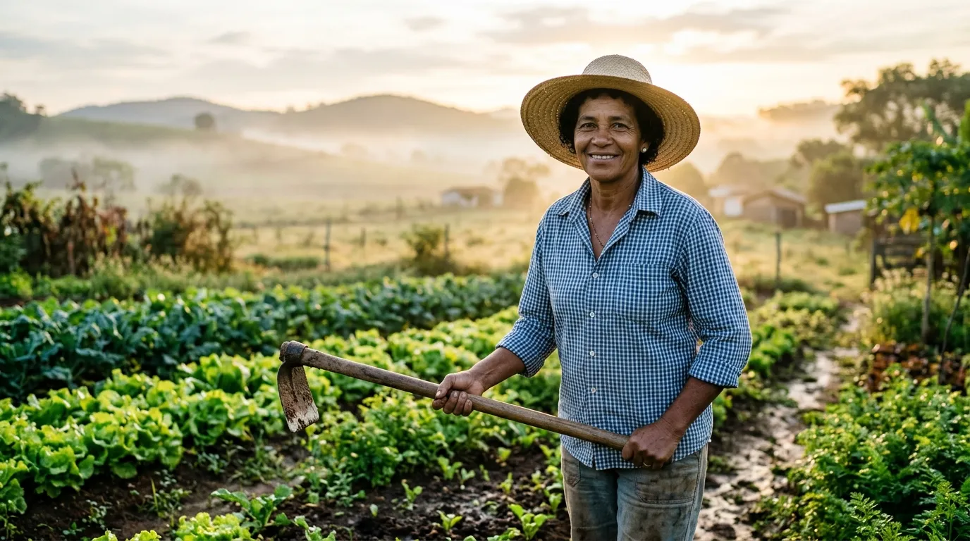 Agricultora brasileira de meia-idade com chapéu de palha e camisa de manga longa em uma pequena plantação ao amanhecer, segurando uma enxada, campo verde e névoa leve ao fundo desfocados, luz dourada quente, expressão serena e digna