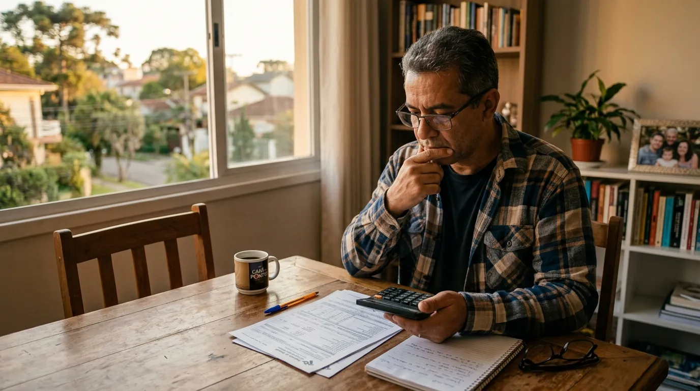 Homem de meia-idade sentado à mesa de casa analisando papéis de contribuição e uma calculadora, expressão pensativa, luz quente de fim de tarde vindo pela janela, ambiente aconchegante e organizado