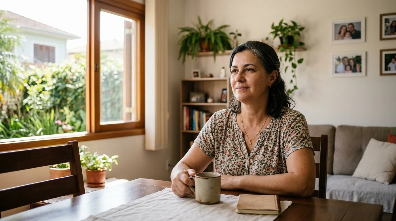 Mulher de meia-idade em ambiente doméstico organizado, luz natural suave da manhã entrando pela janela, expressão serena e tranquila, cenário de casa simples e limpa