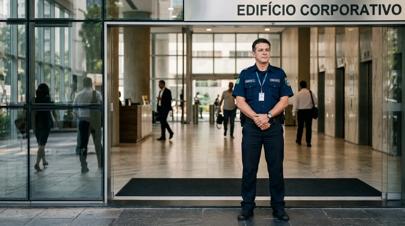 Vigilante uniformizado de meia-idade em pé na entrada de um prédio comercial durante o dia, luz natural suave, saguão amplo ao fundo levemente desfocado, postura atenta e expressão serena