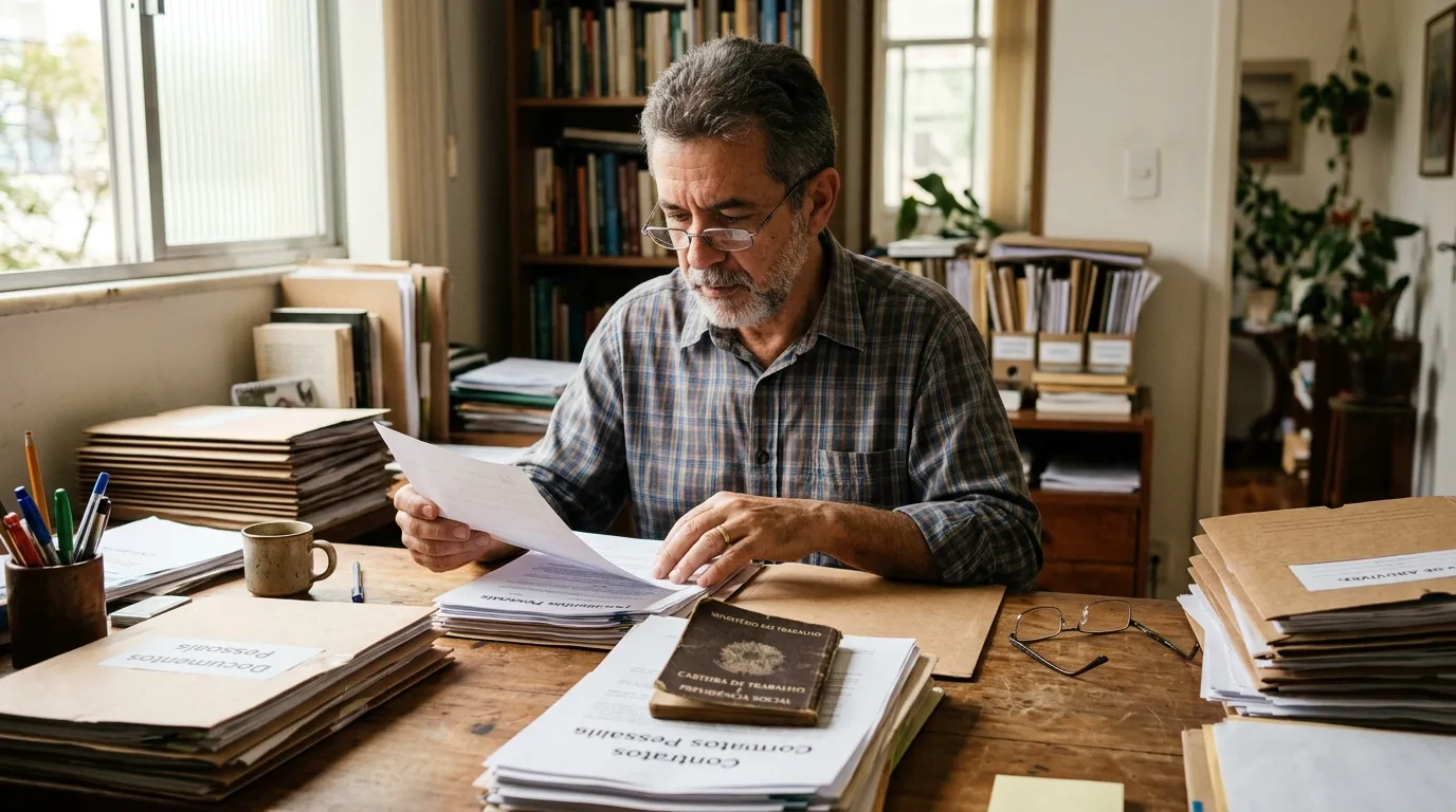 Homem de meia-idade organizando pastas de documentos e uma carteira de trabalho antiga sobre a mesa de um escritório simples em casa, luz natural suave, óculos de leitura ao lado, expressão concentrada