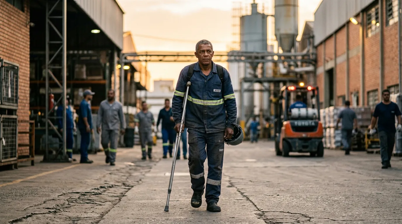 Trabalhador adulto usando muleta caminhando por um pátio de fábrica ao entardecer, luz quente e suave, colegas de trabalho desfocados ao fundo, expressão de determinação