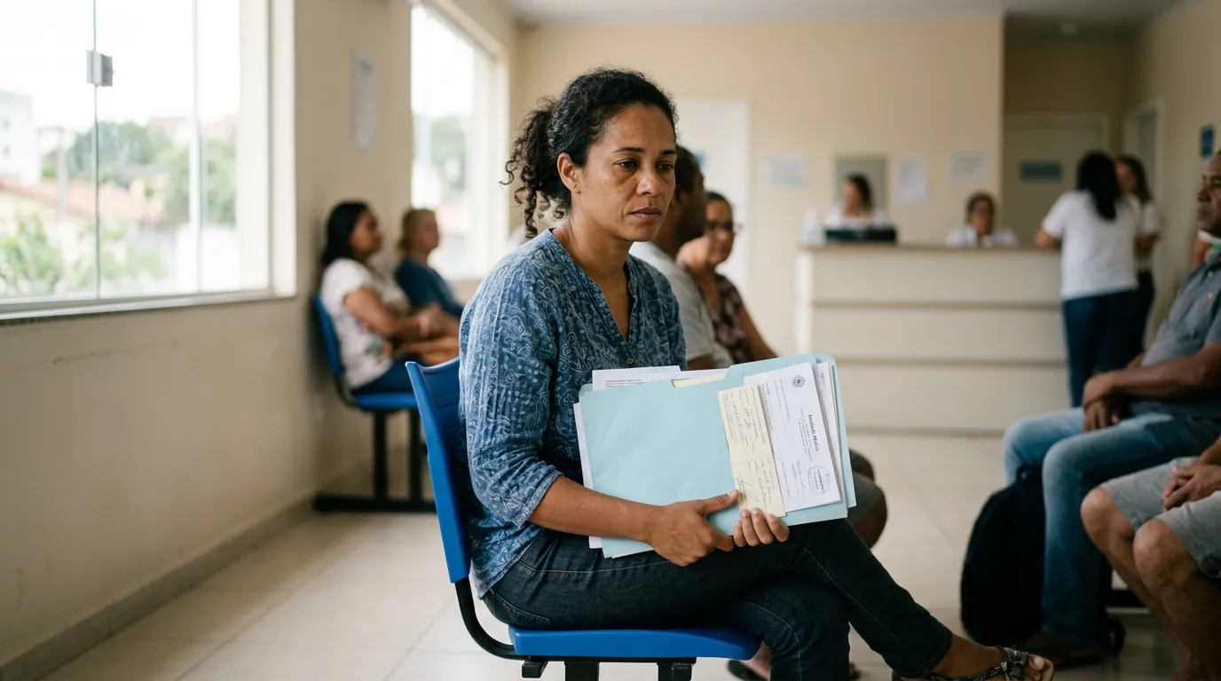 Mulher adulta sentada em uma sala de espera clara de posto de saúde, segurando uma pasta com exames e atestado médico no colo, luz natural suave pela janela, expressão preocupada mas serena, fundo levemente desfocado