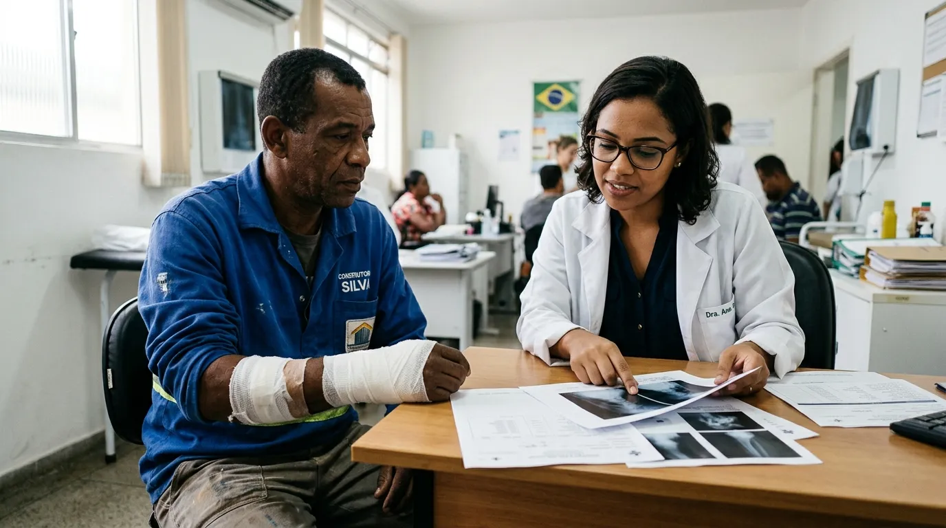 Trabalhador de uniforme com o braço enfaixado sentado em consulta médica, profissional de saúde ao lado analisando exames, luz clara de ambiente clínico, expressão de atenção e cuidado