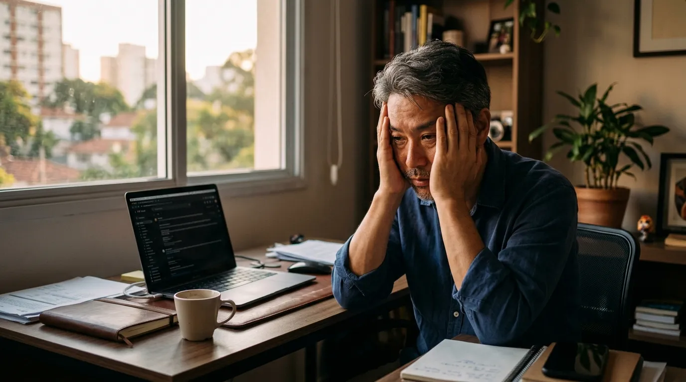 Profissional de meia-idade sentado à mesa de um escritório em casa, rosto apoiado nas mãos com expressão de exaustão, luz de fim de tarde entrando pela janela ao fundo desfocado, tom de cansaço contido