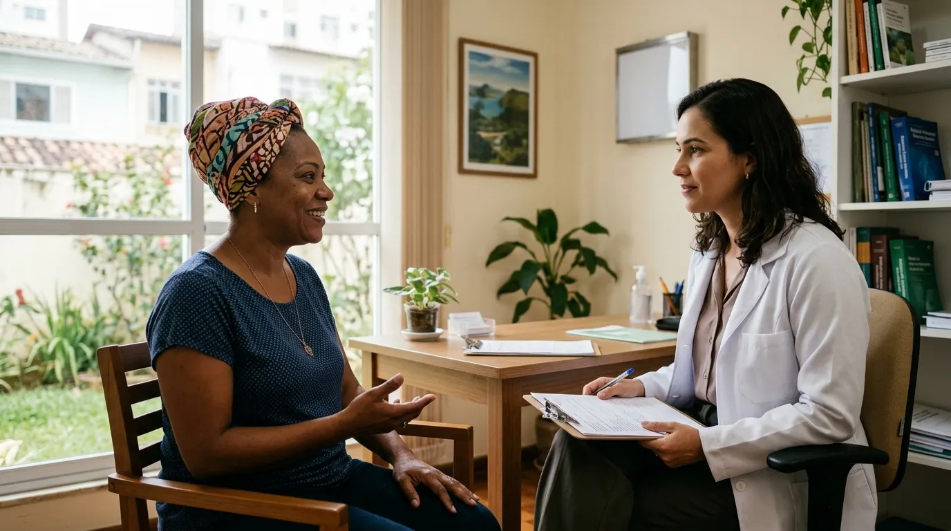 Paciente adulto com lenço na cabeça sentado em consultório claro, conversando com médica que segura uma prancheta, luz natural suave vinda de uma janela ampla, ambiente acolhedor e tranquilo