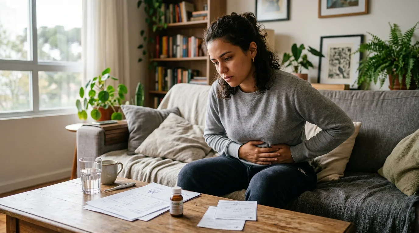 Pessoa adulta jovem sentada no sofá de casa segurando a região abdominal com desconforto, exames e receitas médicas sobre a mesa de centro, luz natural suave da janela, ambiente acolhedor e tom sereno