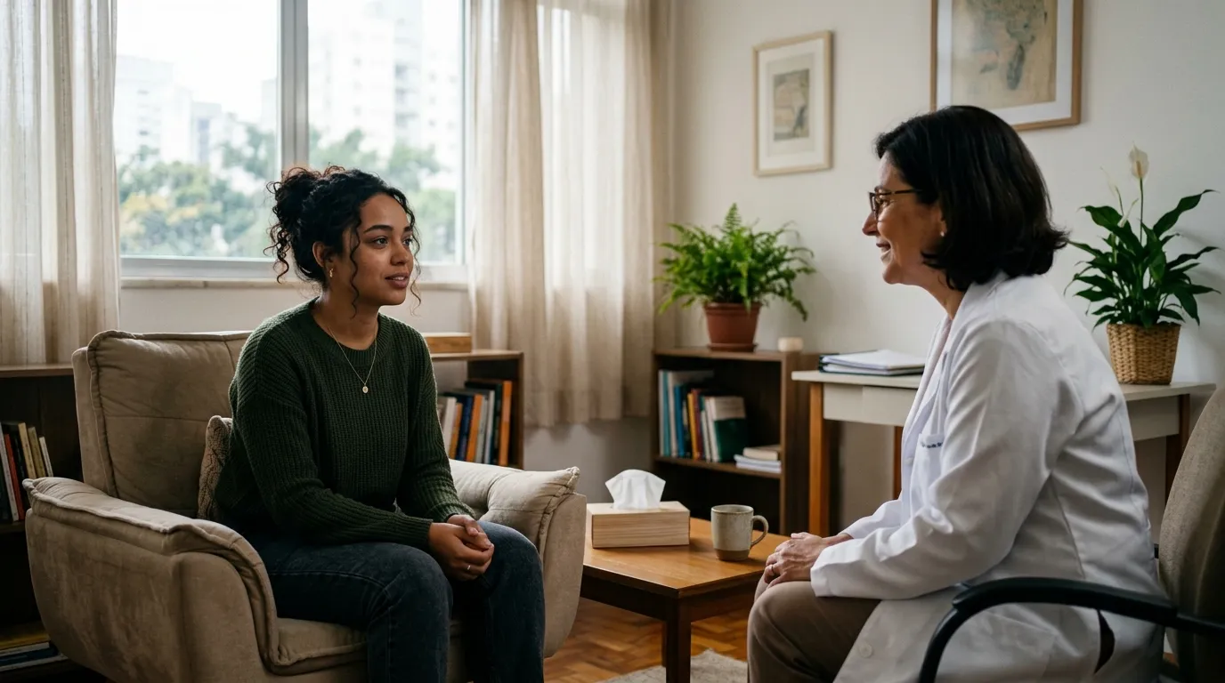 Mulher jovem sentada em um consultório psiquiátrico simples, conversando com uma médica de jaleco branco, luz natural suave pela janela, expressão cansada mas esperançosa, fundo levemente desfocado