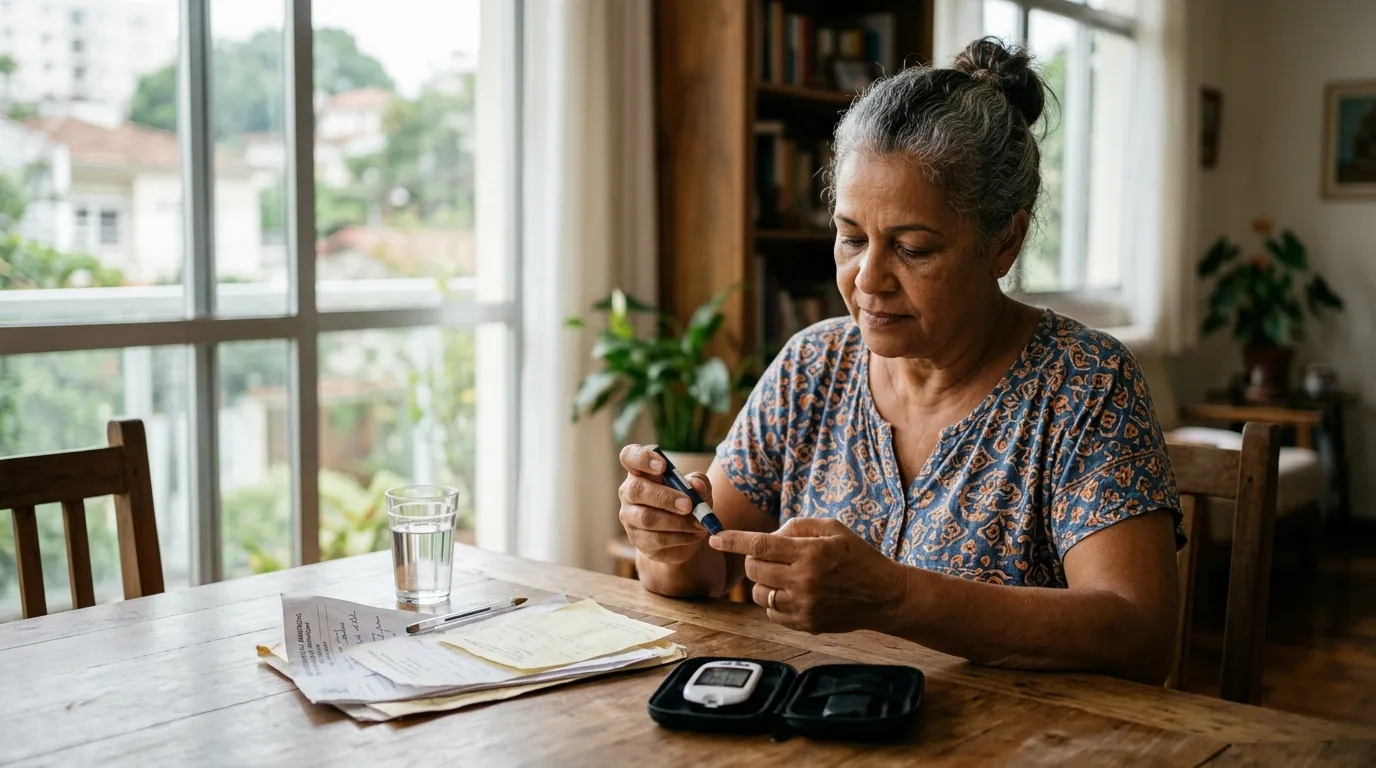 Pessoa adulta medindo a glicemia com aparelho no dedo em casa, sentada à mesa com receitas médicas ao lado, luz natural suave da manhã entrando pela janela, expressão tranquila e concentrada