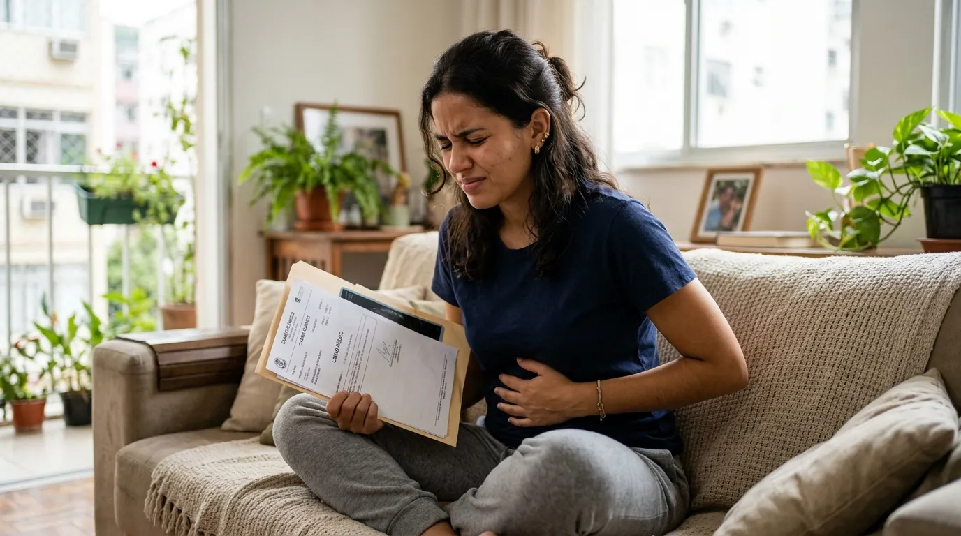 Mulher jovem sentada no sofá de casa com expressão de dor abdominal, segurando exames médicos, luz natural suave entrando pela janela ao fundo levemente desfocado