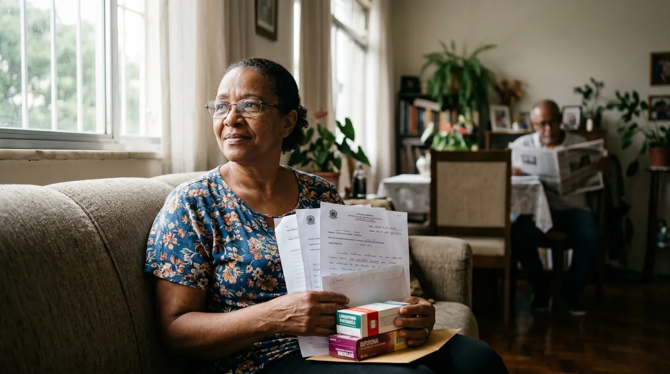Pessoa adulta sentada no sofá de casa segurando caixas de medicamentos e laudos médicos, expressão serena, luz natural suave da manhã entrando pela janela, familiar levemente desfocado ao fundo