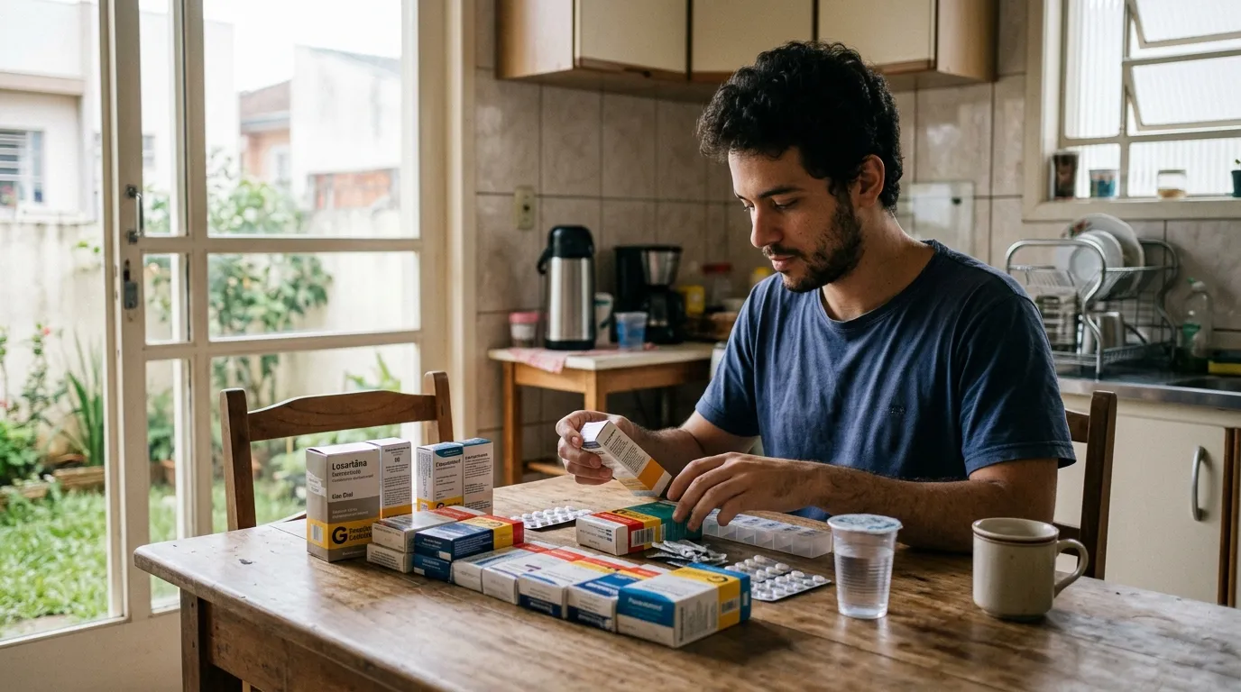 Homem jovem sentado à mesa da cozinha organizando caixas de remédio pela manhã, olhar concentrado e sereno, luz natural suave pela janela, ambiente doméstico simples e acolhedor, tom humano