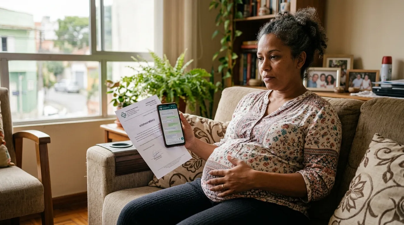 Mulher grávida de meia-idade sentada no sofá de casa com a mão sobre a barriga, segurando um atestado médico e o celular, luz natural suave de janela, ambiente aconchegante e claro, expressão preocupada mas tranquila