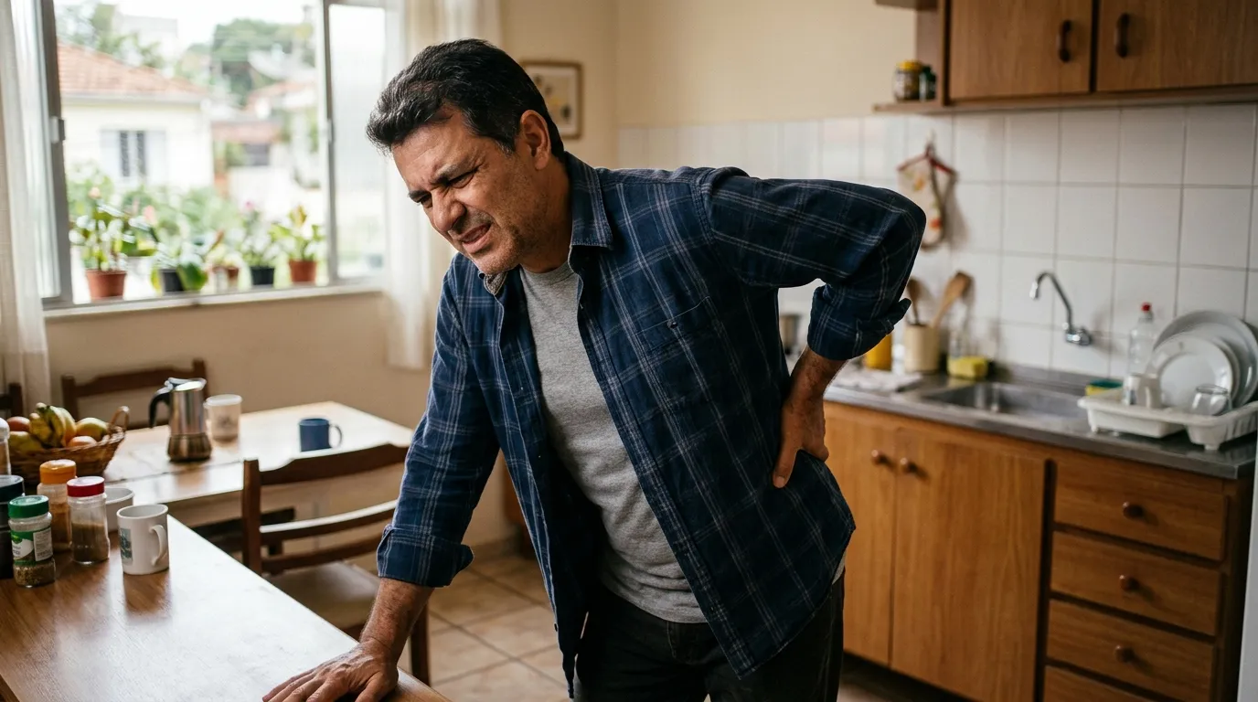 Homem de meia-idade em pé na cozinha de casa levando a mão à região lombar com expressão de dor, luz natural suave da manhã entrando pela janela, ambiente doméstico simples ao fundo levemente desfocado