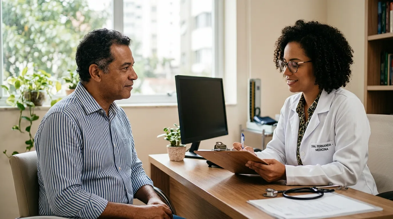 Homem adulto sentado em consulta médica recebendo orientação de uma profissional de saúde com prancheta, ambiente de clínica com luz natural suave pela janela ao fundo desfocado, expressão acolhedora e serena