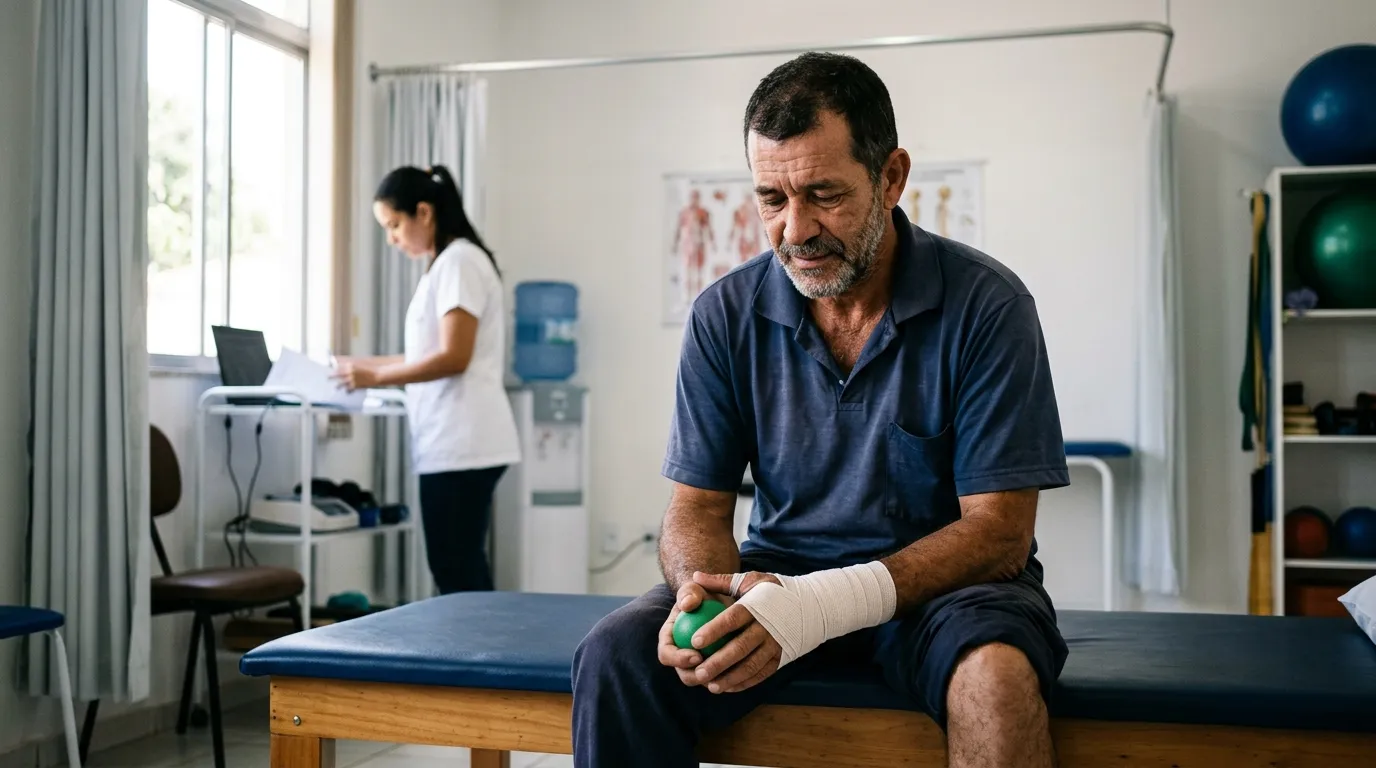 Trabalhador de meia-idade com o punho enfaixado sentado em uma sala de fisioterapia simples, luz natural suave, fisioterapeuta ao fundo levemente desfocado, expressão de desconforto contido