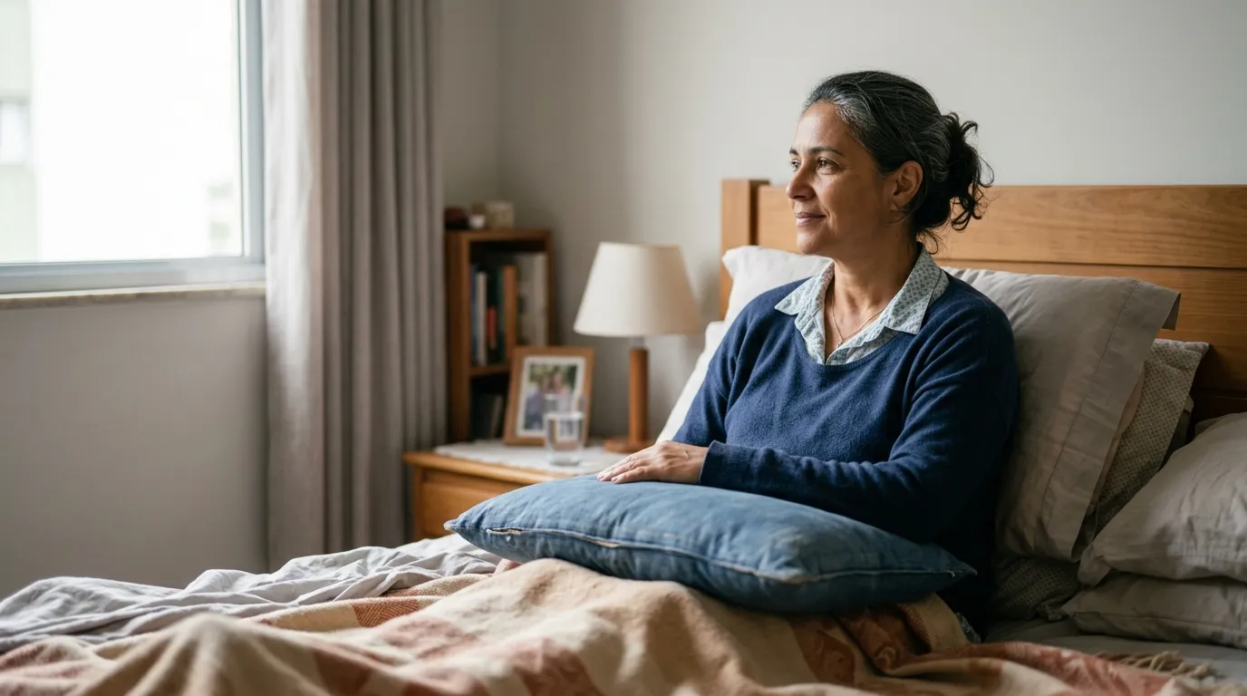 Mulher de meia-idade em recuperação sentada na cama de casa com o braço apoiado, expressão calma e tranquila, luz natural suave da manhã entrando pela janela, quarto simples e organizado desfocado ao fundo