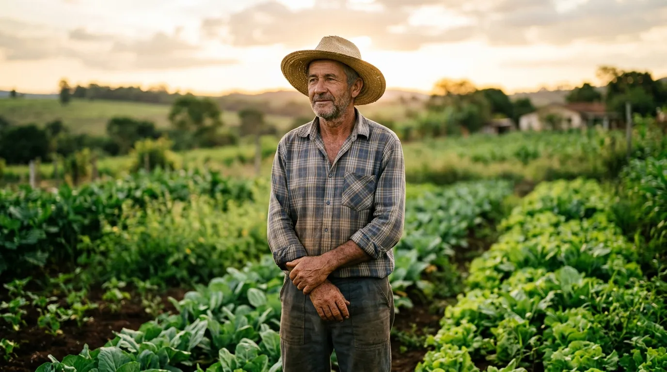 Agricultor familiar de meia-idade com chapéu de palha em pé em uma pequena lavoura no fim da tarde, luz dourada suave, plantação verde ao fundo levemente desfocada, expressão serena e cansada