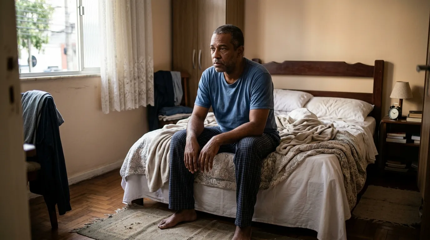 Homem adulto sentado à beira da cama de manhã com expressão cansada e olhar distante, luz suave entrando pela janela, quarto simples e acolhedor, tom sereno e humano